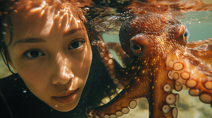 a woman underwater with an octopus