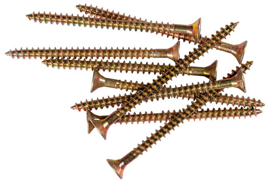 Metal wood screws on an isolated background.