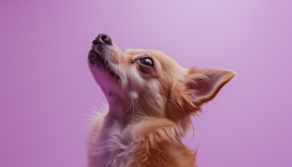 Chihuahua looks up with expressive eyes against a vibrant purple background