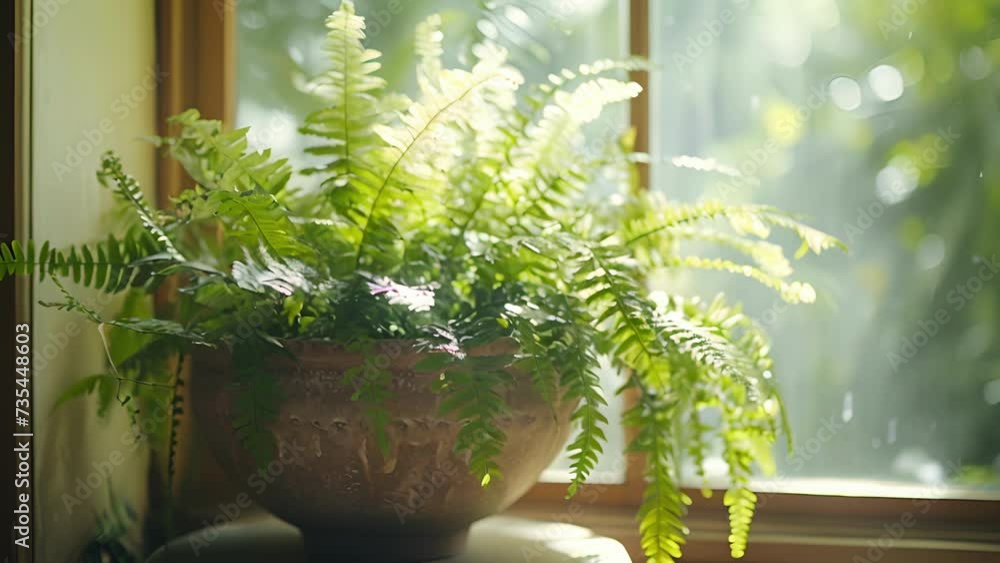 Poster natural light floods through the window illuminating a ceramic planter filled with a variety of gree