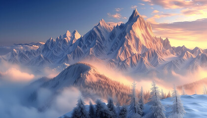A serene landscape showcasing snow-covered mountains under a pastel sunrise, with pine forests emerging from the soft clouds