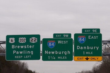exit signs on I-684 for I-84 West to Newburgh, New York and East to Danbury, Connecticut ass well as US-6, US-202 and NY-22 to Brewster and Pawling