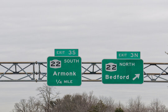 exit signs on I-684, 3S and 3N for NY-22 South to Armonk, New York and NY-22 North to Bedford, New York