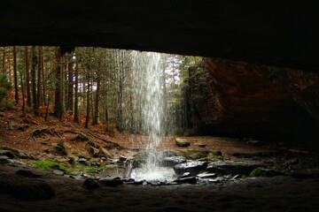 waterfall in pine forest in Soria. Spain. long exposition