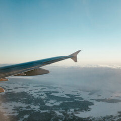 Snowy winter landscape in Finnish Lapland view from an airplane window