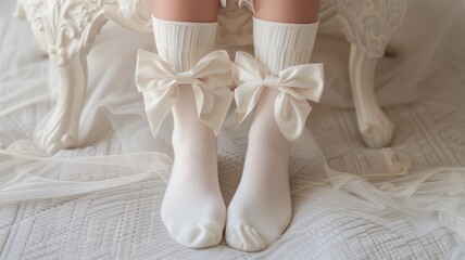 Fototapeta na wymiar Lightweight trouser socks topped with mini satin bows at the open front for an ultra-sweet look, Elegant White Satin Bow Socks on a Bride on Her Wedding Day