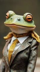 An elegant green frog with tie in an office business light suit . The concept is suitable for corporate or business themes