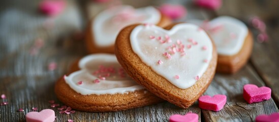 Delicious heart shaped cookies with pink sprinkles on a wooden table for Valentine's Day celebration and love themed events