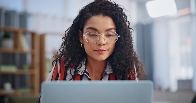Woman, living room and laptop in home for research, blog or online writing career. Female person, freelancer and remote work with technology for internet, networking and communication in house