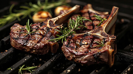Grilled Lamb Chops with Rosemary and Garlic Snapshot Image - obrazy, fototapety, plakaty