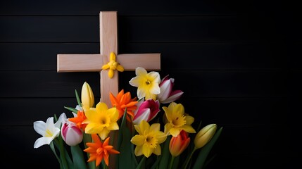 Vibrant tulips and daffodils blooming around a wooden cross, heralding the arrival of spring and the promise of new beginnings on Easter.