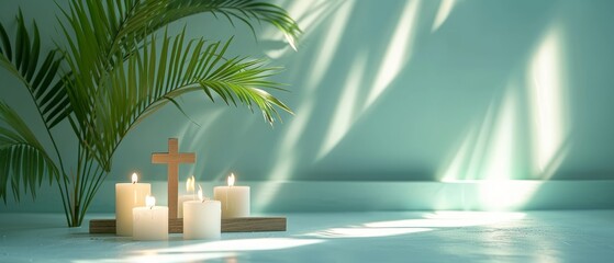 Sacred Stillness: A Holy Cross Amidst Palm Leaves and Candles Generative AI
