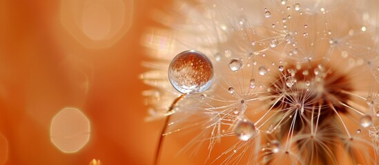 Macro close up of a dandelion with dew drops on a sunny morning in the garden