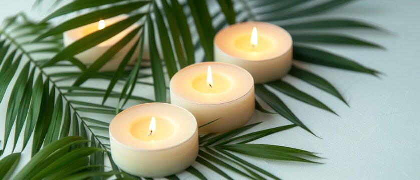 Tranquil Spa Ambiance with Palm Leaves and Candles Generative AI