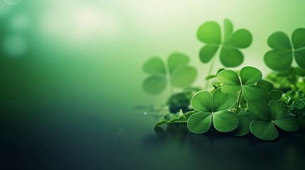 Four leaf clovers on a green blurred background, banner, copy space, text space, template, concept, st Patrick's Day