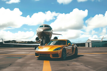 A gold-colored sports car on an airfield with a private jet behind it with no people showing an...