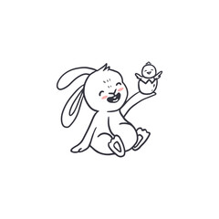 cute cartoon bunny with egg and chick for easter and spring. Doodle style. Vector