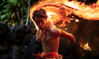 Hawaiian fire dancer performs at a luau at night - obrazy, fototapety, plakaty