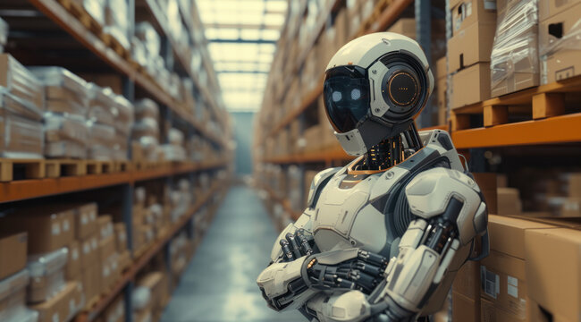 robot in warehouse stand up with his smartwatch