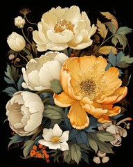 Vintage floral masterpiece.Buds and exquisite large flowers in  pastel tones on black background