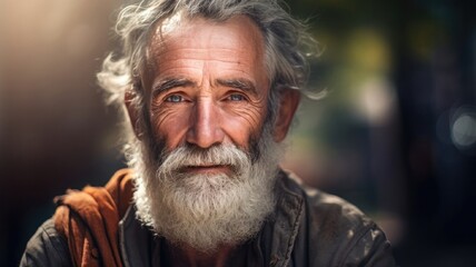 Portrait of an elderly man with a beard, expressing wisdom and kindness in his gaze, bathed in warm light - obrazy, fototapety, plakaty