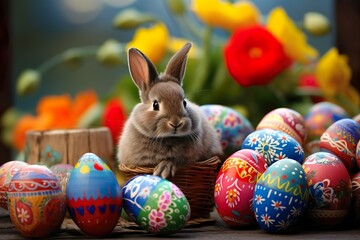 Fototapeta na wymiar easter; rabbit; colored eggs; spring