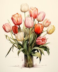 Vintage detailed colorful illustration. Bouquet of spring tulips in muted warm tones