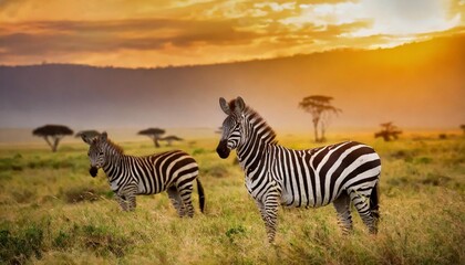 zebras in the african savanna at sunset serengeti national park tanzania africa - obrazy, fototapety, plakaty