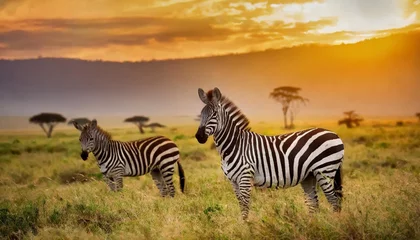 Fotobehang zebras in the african savanna at sunset serengeti national park tanzania africa © Pauline