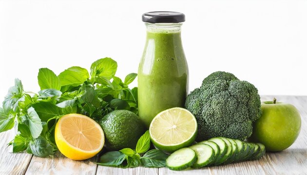 Isolated Of Green Smoothie Bottle With Ingredients