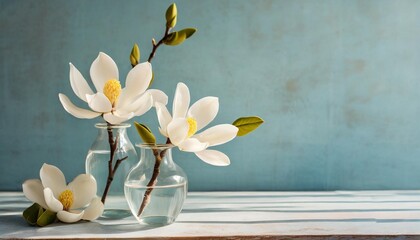 still life of magnolia flowers in small clear glass vases soft muted background color flowers are white with yellow on table top soft washed out pastel light blue wall color