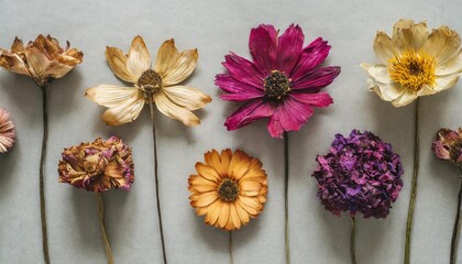 Obraz na płótnie Canvas picture of dried flowers in several variants herbarium from dried blossoming flower arranged in a row