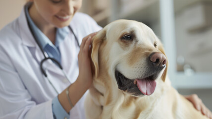 Veterinarian checking ears of white dog after inspection of its health, doctor in a medical gown and gloves at the background