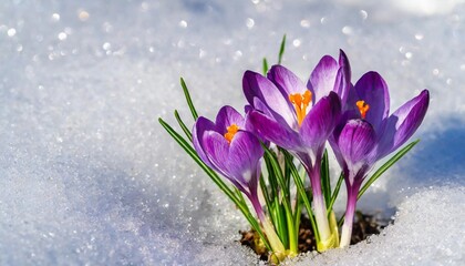 crocuses blooming purple flowers making their way from under the snow in early spring closeup with space for text