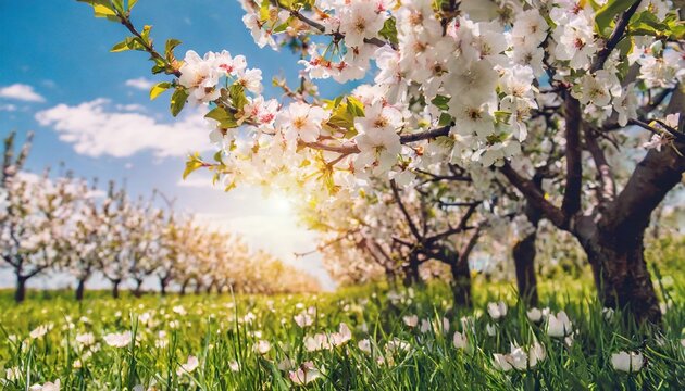 spring blossom background nature scene with blooming tree and sun flare spring flowers beautiful orchard