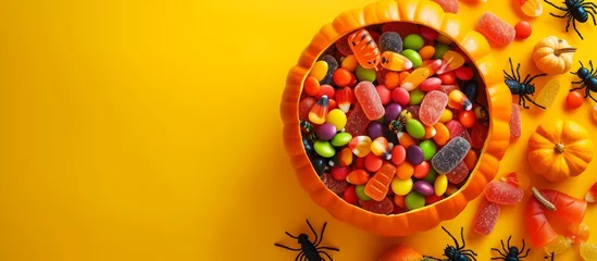 Fotobehang Spooky Halloween bowl filled with assorted colorful candy and a creepy spider © AkuAku