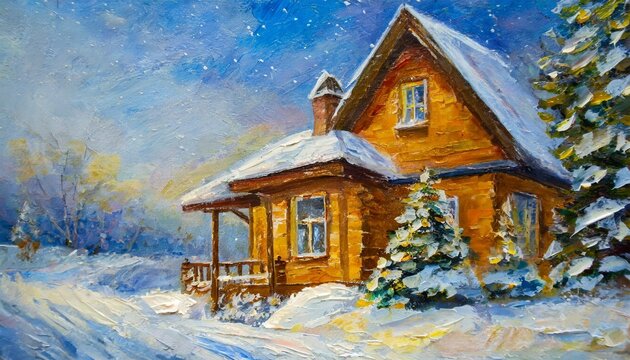 oil painting of winter house art work