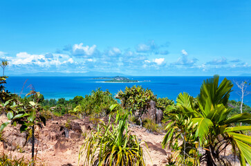 Island Cousin and Island Cousine seen from Island Praslin, Republic of Seychelles, Africa.