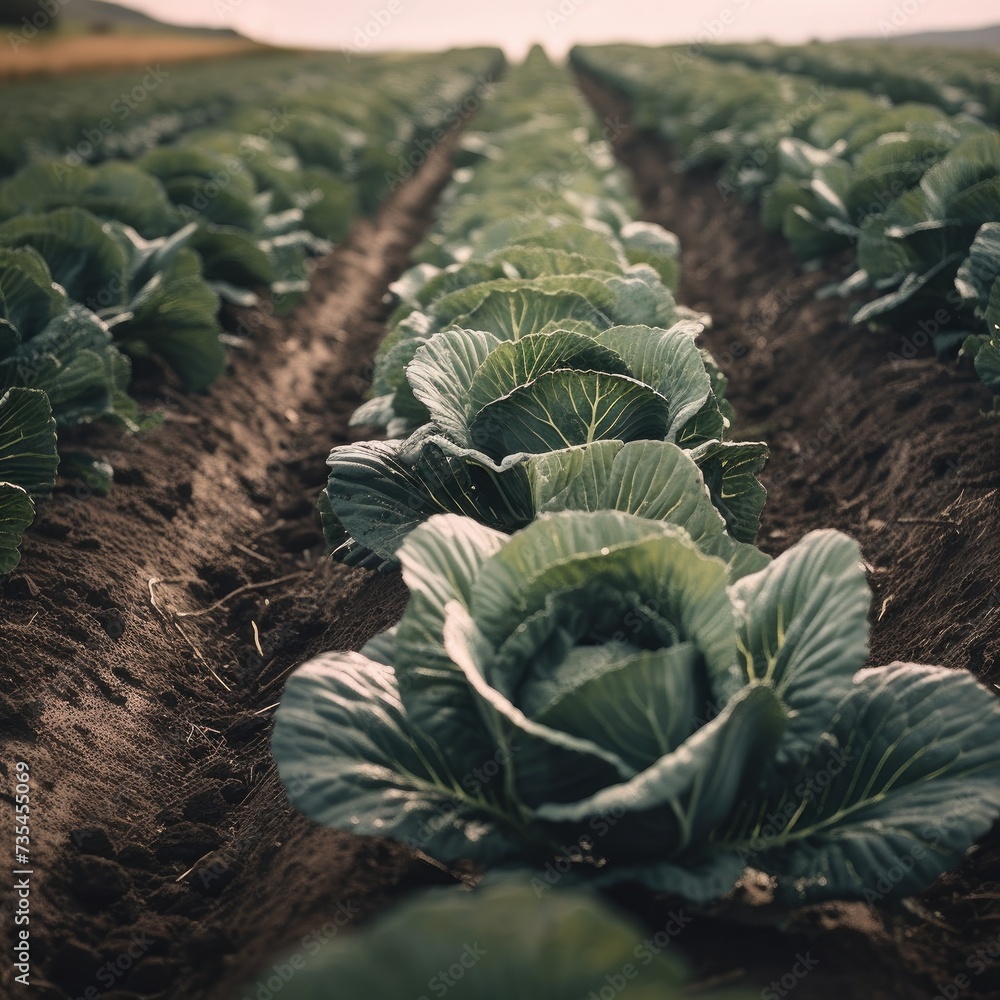 Poster row of cabbages in a field.
