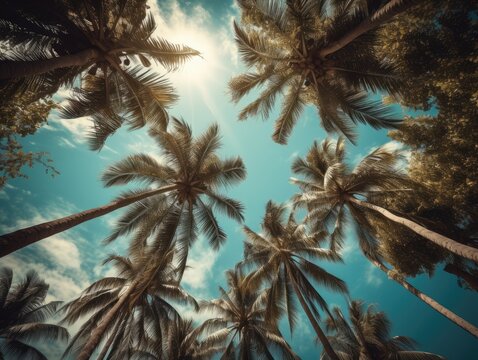 Looking up at palm trees under a blue sky.