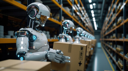 Fototapeta premium robot in warehouse stand up with his smartwatch