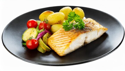 fish fillet with potatoes and vegetables served on a black plate isolated on white background
