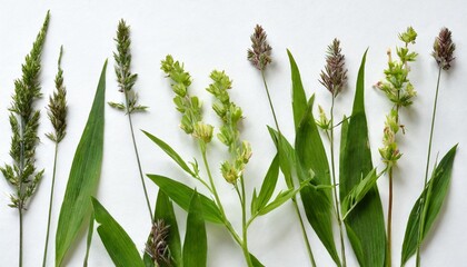 few stalks leaves and inflorescences of meadow grass at various angles on white background - obrazy, fototapety, plakaty