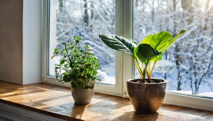 green house plants by window in winter