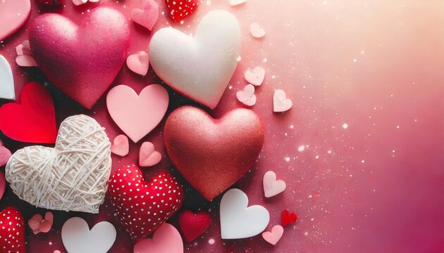 pink and red gradient background with hearts in various sizes and shades of pink red and white scattered across the image creating a dreamy romantic feel suitable for valentiners day