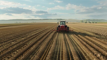 Obraz premium a tractor is cultivating a field to display modern technology with agricultural landscapes. spraying pesticides or attacking pests to demonstrate the effectiveness of modern farming methods.
