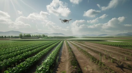 drone in action, hovering over a field or in motion to convey the innovation and efficiency of modern farming methods