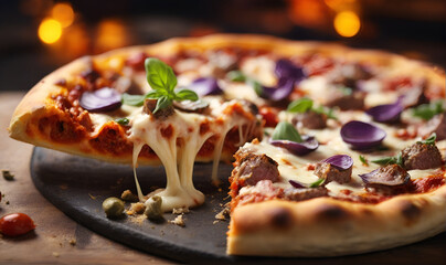 Pizza with sausage, herbs, spices and cheese - obrazy, fototapety, plakaty