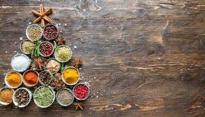 Obraz na płótnie Canvas various spices in the shape of a christmas tree on a brown rustic background top view flat lay copy space concept of xmas and new year