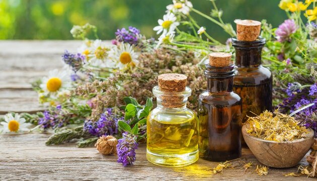 Concept Of Alternative Herbal Medicine Bottles Of Tincture Or Potion Organic Essential Oils Dry Healthy Herbs Floral Extracts On Wooden Table Pure Natural Ingredients For Cosmetic Production